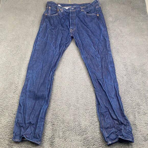 Levis 501 Men 36x34 Straight Leg Blue Dark Wash Denim Button Fly Jeans Cotton